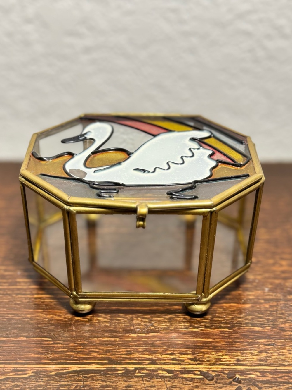 Vintage Glass Jewelry Box w Faux Stained Glass Swan Design/Brass Frame Box